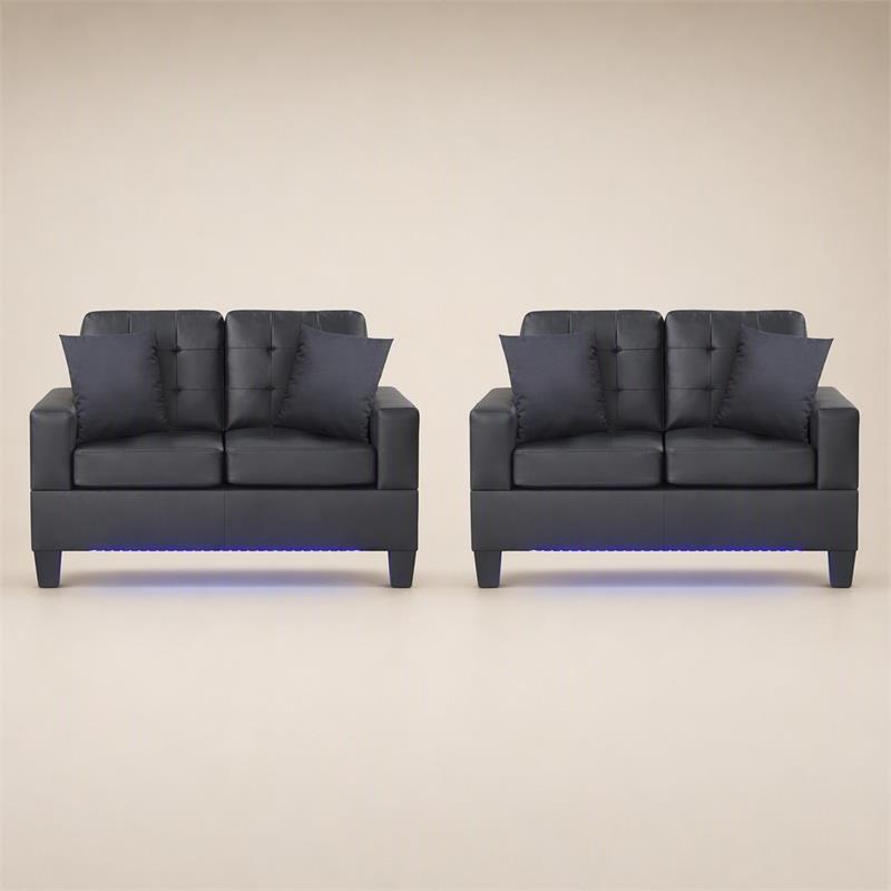 Pemberly Row Set of 2 Black PVC Fabric Loveseats with LED Lights