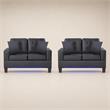 Pemberly Row Set of 2 Black PVC Fabric Loveseats with LED Lights