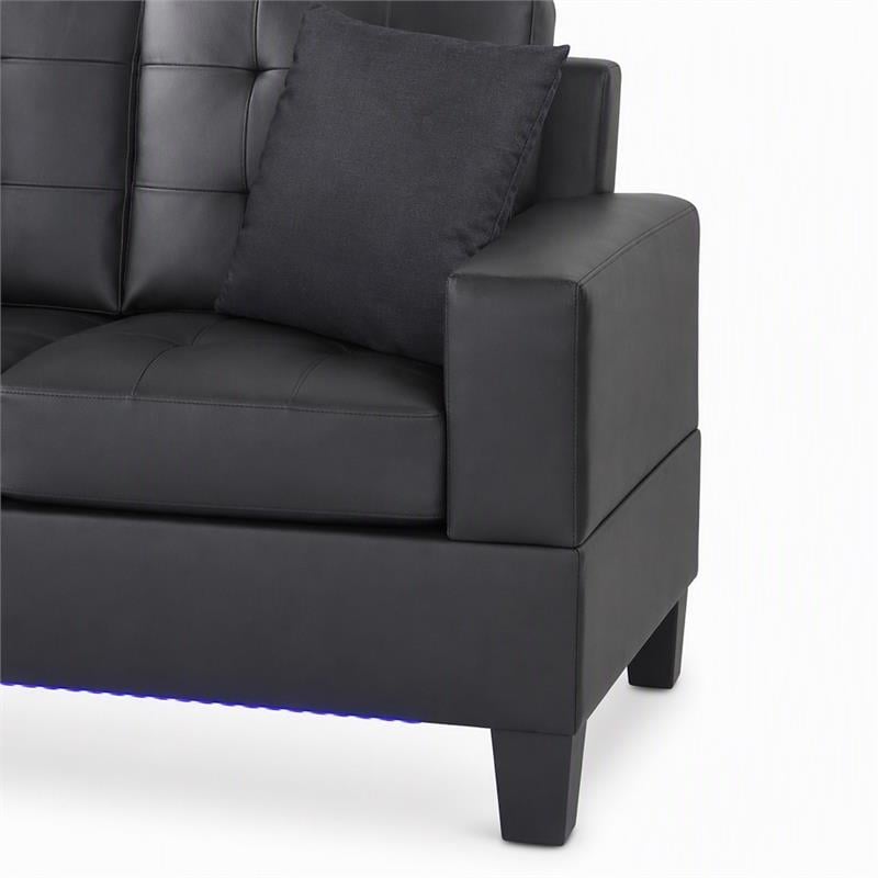 Pemberly Row Set of 2 Black PVC Fabric Loveseats with LED Lights