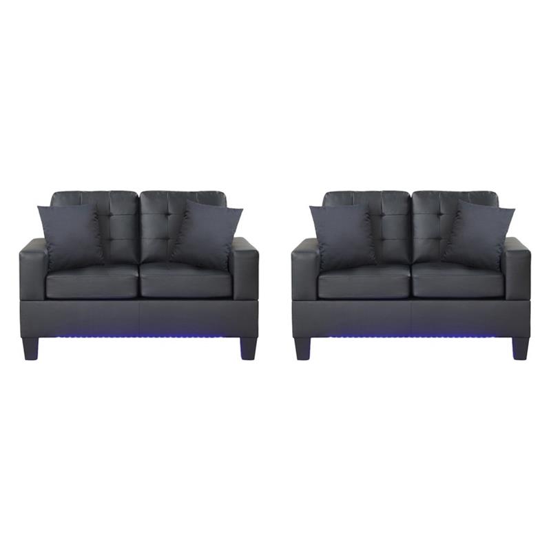 Pemberly Row Set of 2 Black PVC Fabric Loveseats with LED Lights