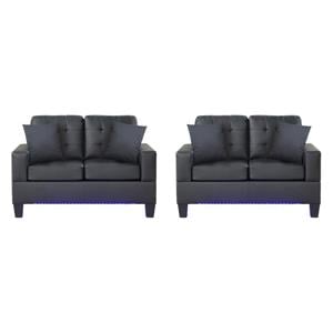 Pemberly Row Set of 2 Black PVC Fabric Loveseats with LED Lights