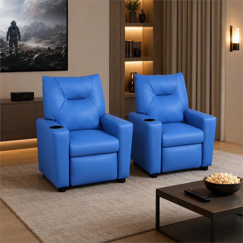 Pemberly Row Set of 2 Kids Recliner Chairs in Blue PVC Leather with Cupholder