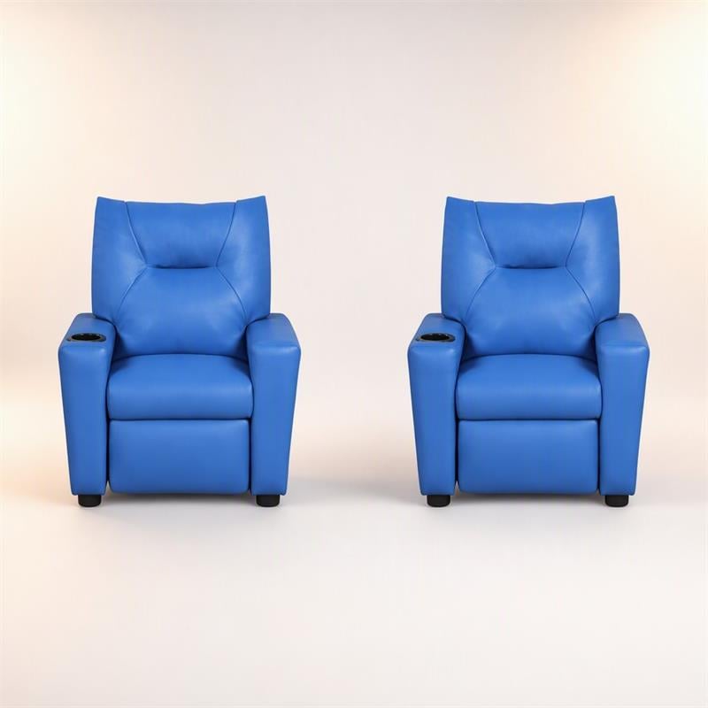 Pemberly Row Set of 2 Kids Recliner Chairs in Blue PVC Leather with Cupholder