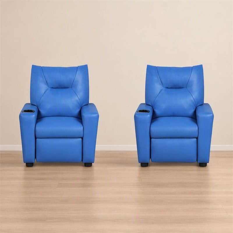 Pemberly Row Set of 2 Kids Recliner Chairs in Blue PVC Leather with Cupholder