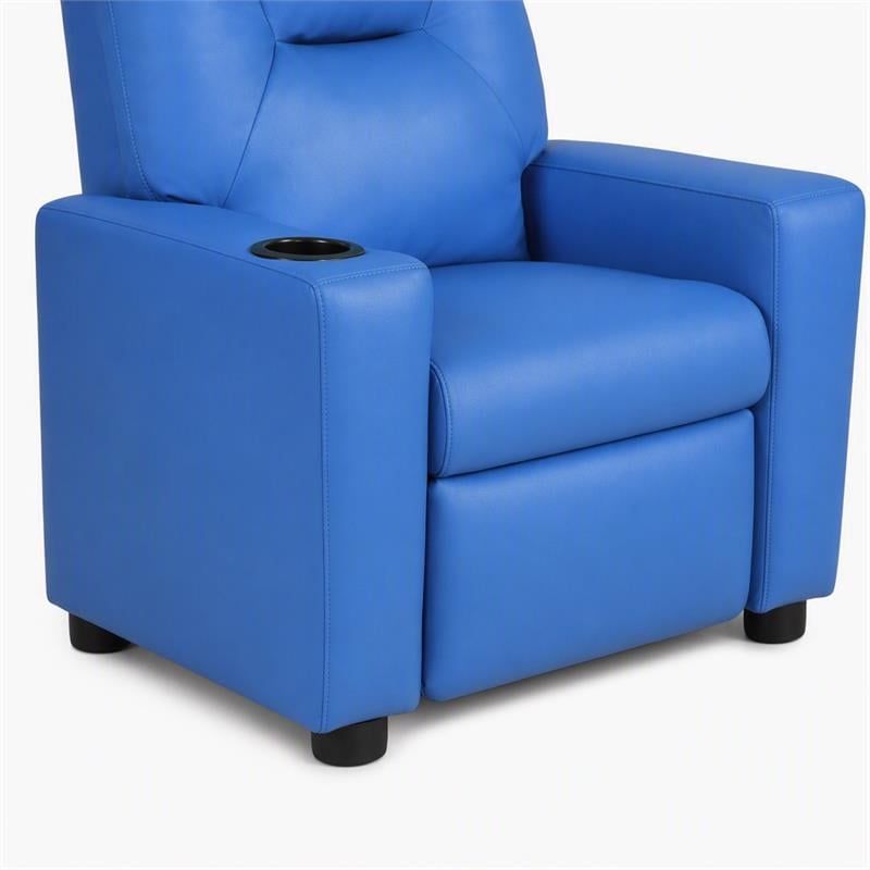 Pemberly Row Set of 2 Kids Recliner Chairs in Blue PVC Leather with Cupholder