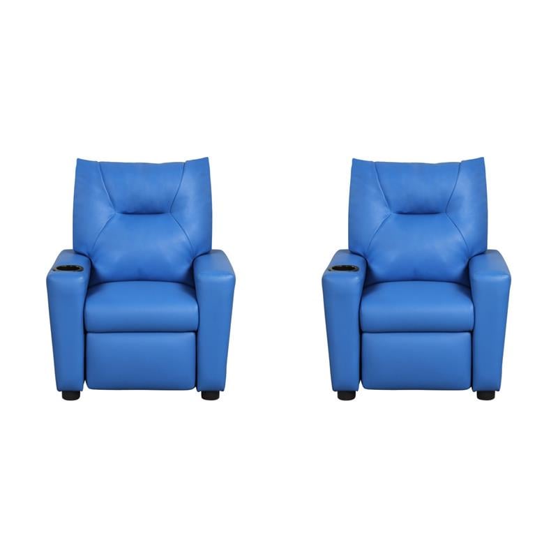 Pemberly Row Set of 2 Kids Recliner Chairs in Blue PVC Leather with Cupholder