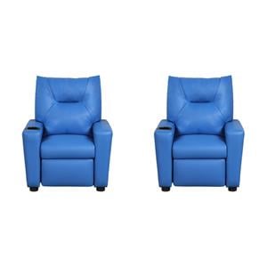 Pemberly Row Set of 2 Kids Recliner Chairs in Blue PVC Leather with Cupholder