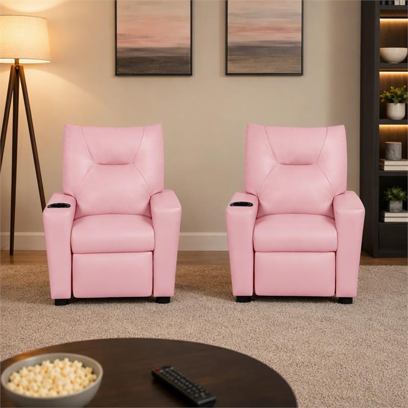 Pemberly Row Set of 2 Pink Recliner Chairs for Kids in PVC Upholstery