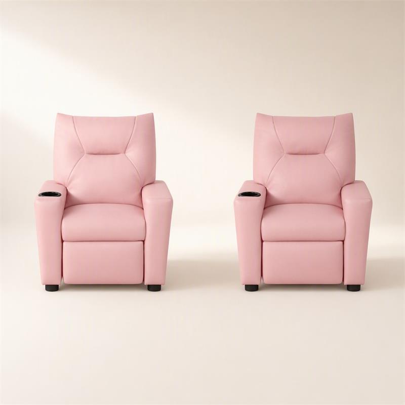Pemberly Row Set of 2 Pink Recliner Chairs for Kids in PVC Upholstery