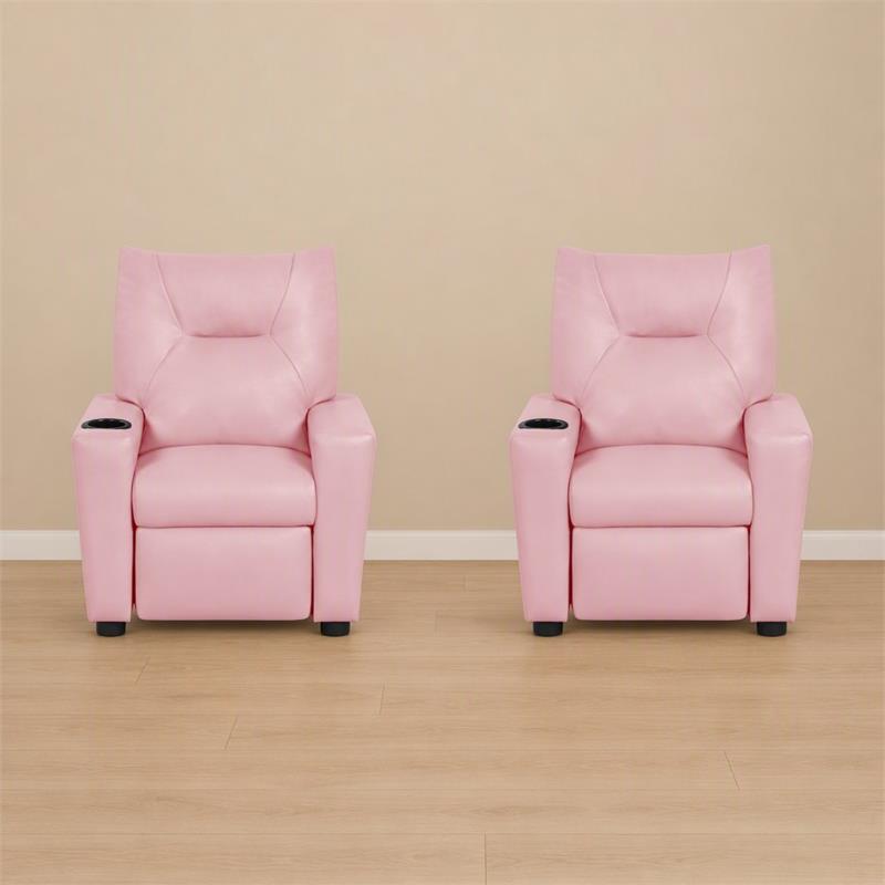 Pemberly Row Set of 2 Pink Recliner Chairs for Kids in PVC Upholstery