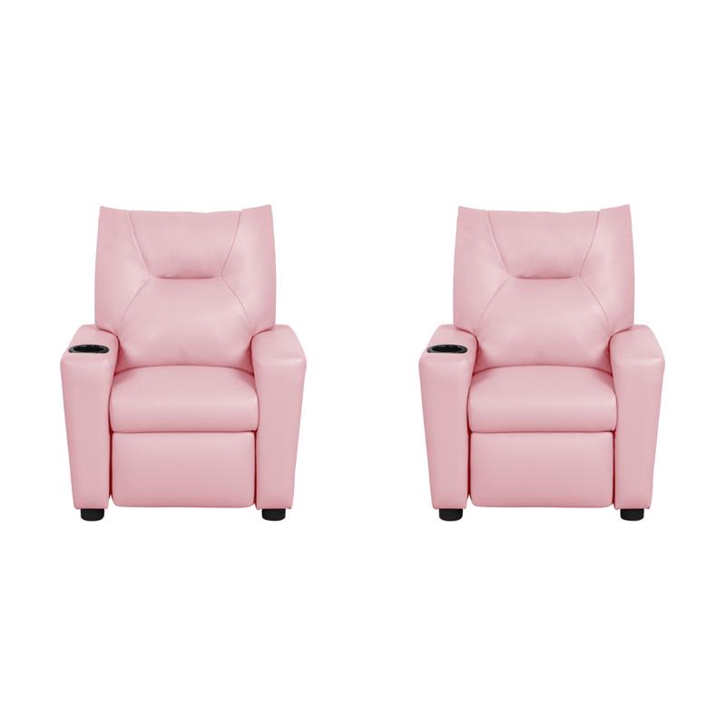 Pemberly Row Set of 2 Pink Recliner Chairs for Kids in PVC Upholstery