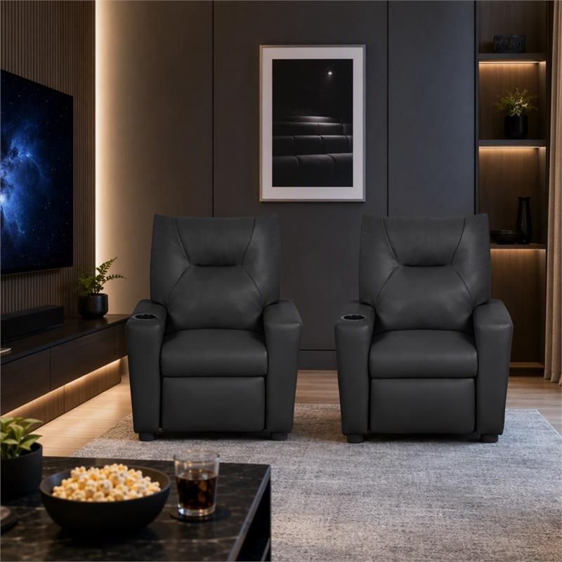 Pemberly Row Set of 2 Kids Recliner Chairs in Black PVC Leather