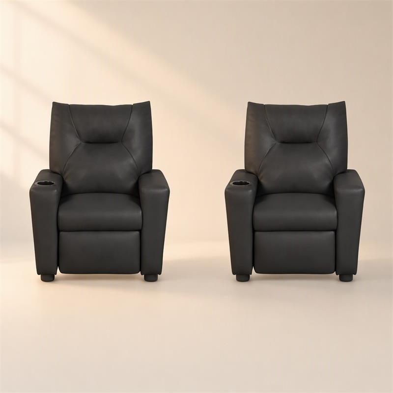 Pemberly Row Set of 2 Kids Recliner Chairs in Black PVC Leather