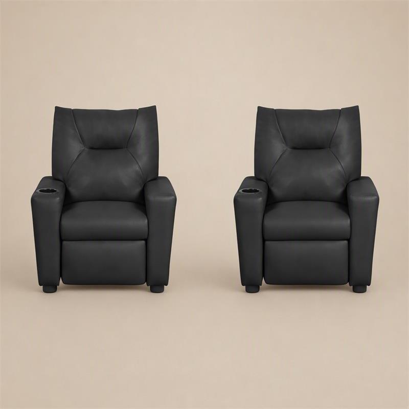 Pemberly Row Set of 2 Kids Recliner Chairs in Black PVC Leather