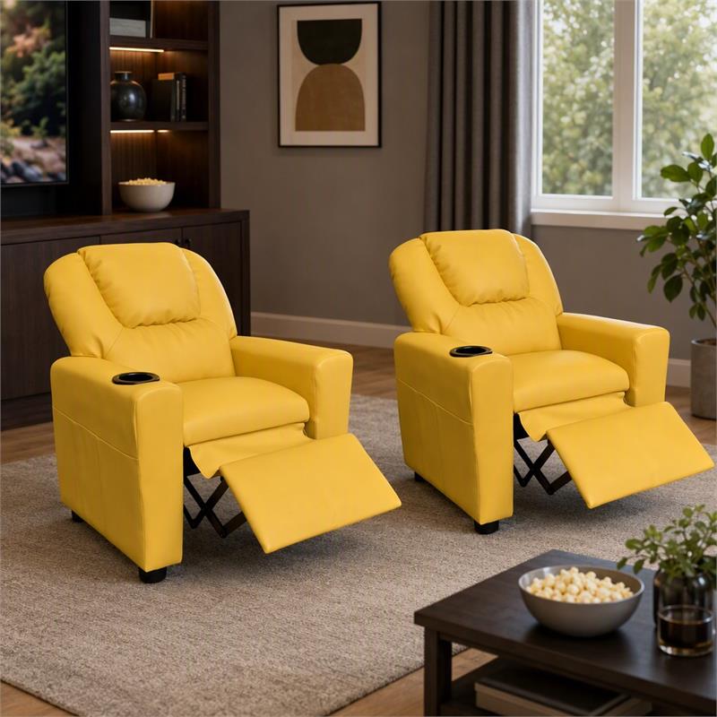 Pemberly Row Set of 2 Kids Recliner Chairs in Yellow Faux Leather