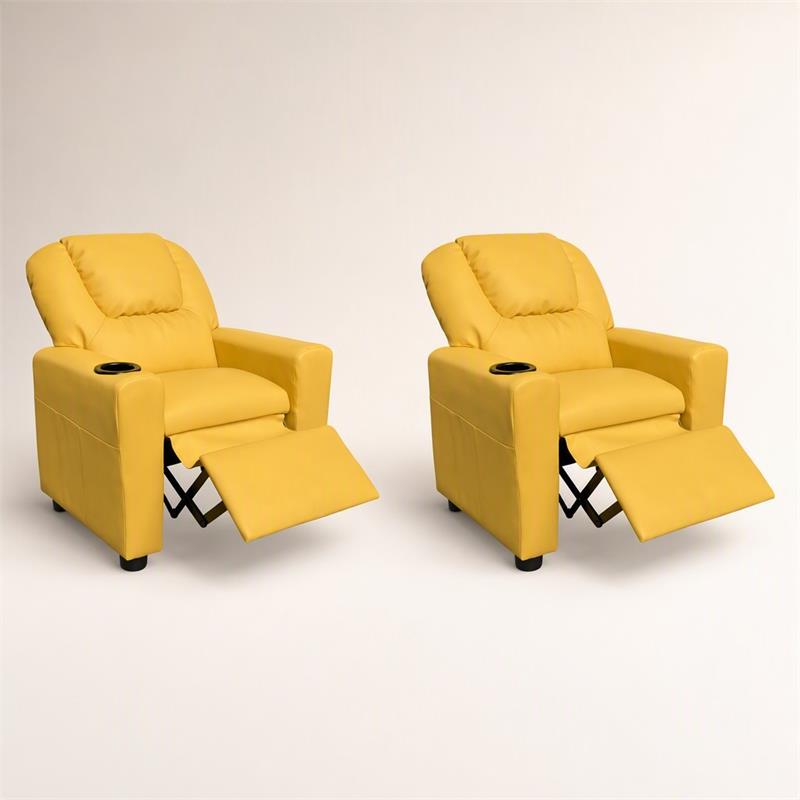 Pemberly Row Set of 2 Kids Recliner Chairs in Yellow Faux Leather