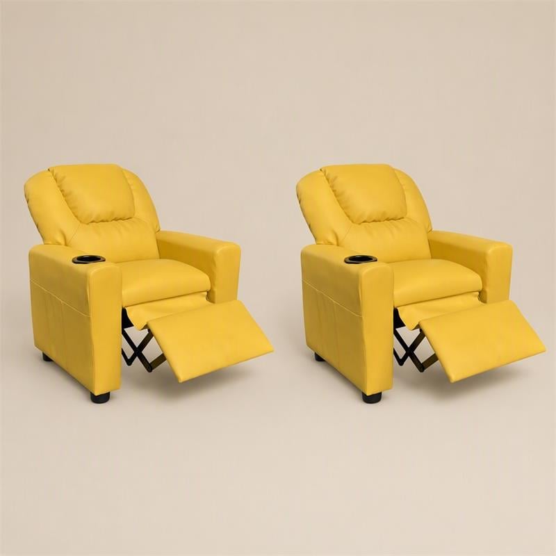 Pemberly Row Set of 2 Kids Recliner Chairs in Yellow Faux Leather