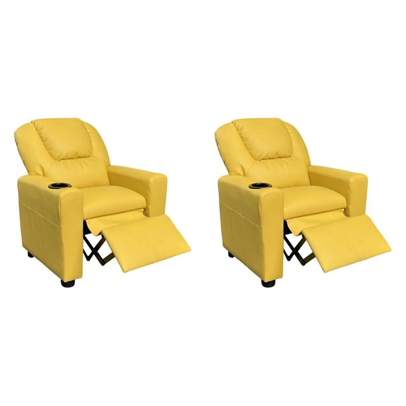 Pemberly Row Set of 2 Kids Recliner Chairs in Yellow Faux Leather