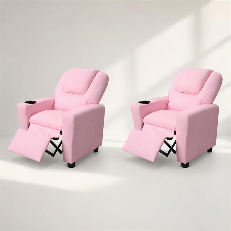 Pemberly Row Kids Recliner Chairs (Set of 2) in Pink Faux Leather
