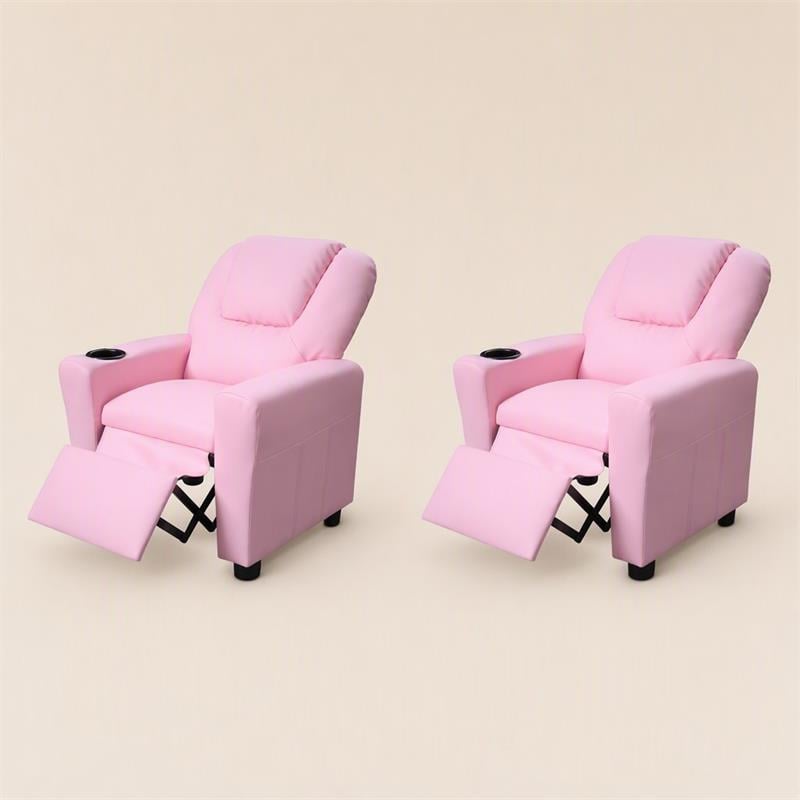 Pemberly Row Kids Recliner Chairs (Set of 2) in Pink Faux Leather