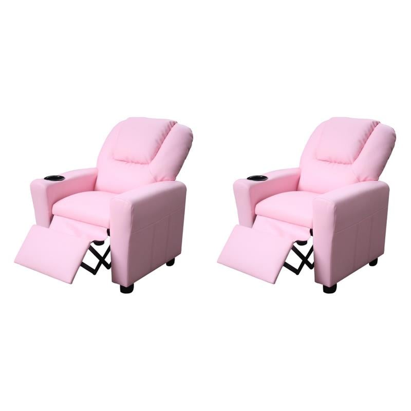Pemberly Row Kids Recliner Chairs (Set of 2) in Pink Faux Leather
