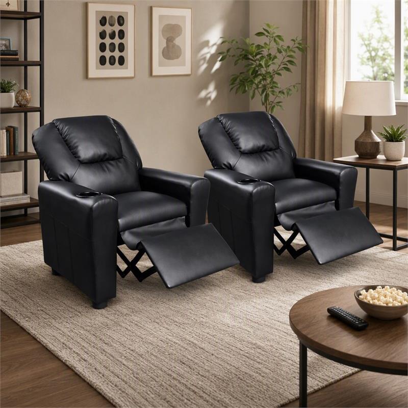 Pemberly Row Set of 2 Kids Recliner Chairs in Black Faux Leather with Cup Holder