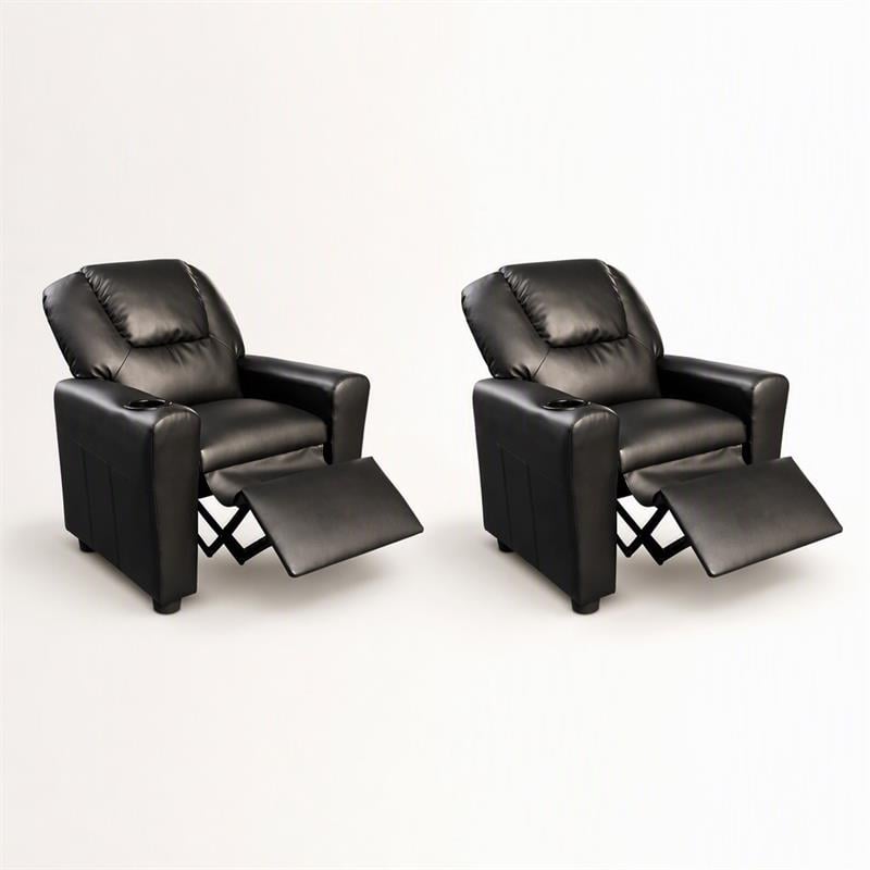 Pemberly Row Set of 2 Kids Recliner Chairs in Black Faux Leather with Cup Holder