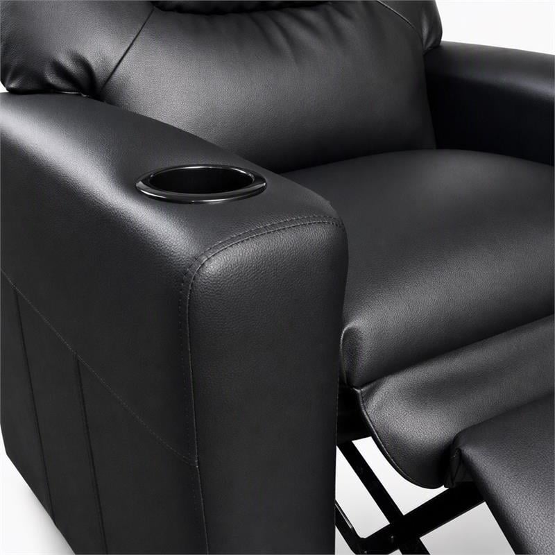 Pemberly Row Set of 2 Kids Recliner Chairs in Black Faux Leather with Cup Holder