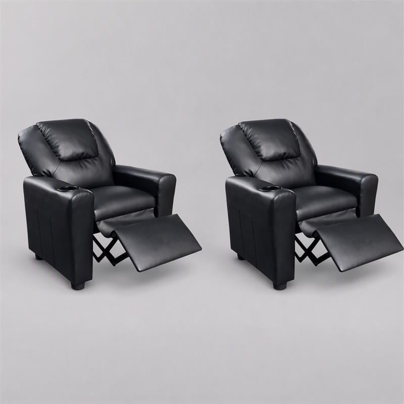 Pemberly Row Set of 2 Kids Recliner Chairs in Black Faux Leather with Cup Holder