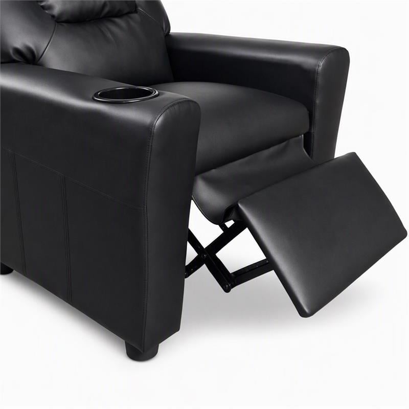 Pemberly Row Set of 2 Kids Recliner Chairs in Black Faux Leather with Cup Holder