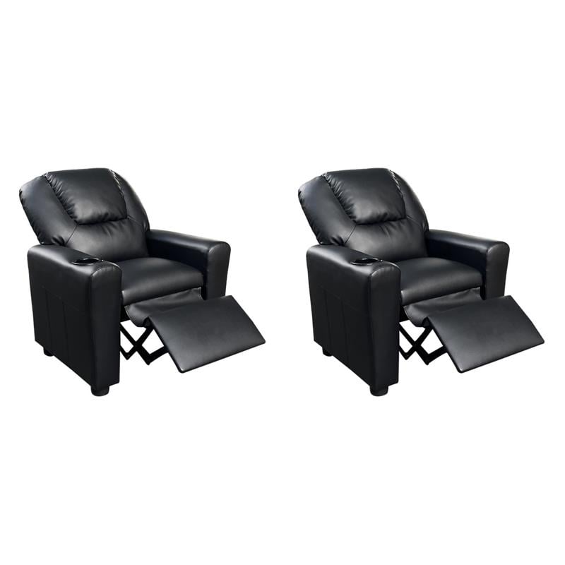 Pemberly Row Set of 2 Kids Recliner Chairs in Black Faux Leather with Cup Holder