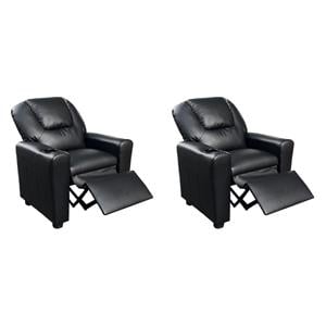 Pemberly Row Set of 2 Kids Recliner Chairs in Black Faux Leather with Cup Holder