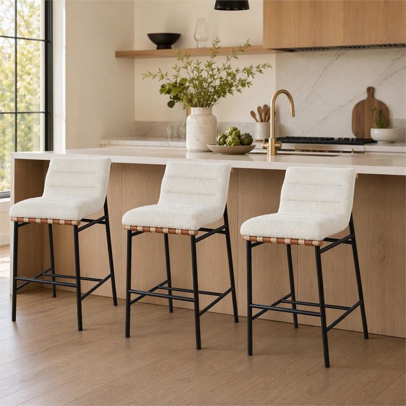 Pemberly Row Set of 3 White Boucle Counter Height Chairs