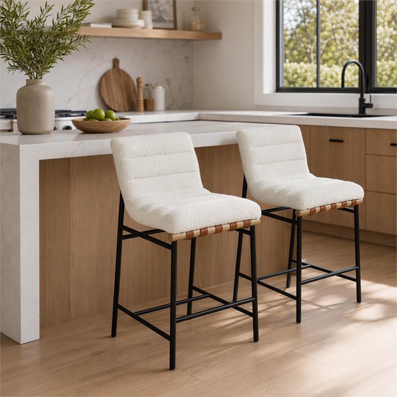 Pemberly Row Set of 2 White Boucle Counter Height Chairs
