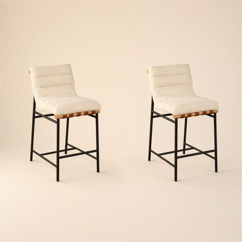 Pemberly Row Set of 2 White Boucle Counter Height Chairs