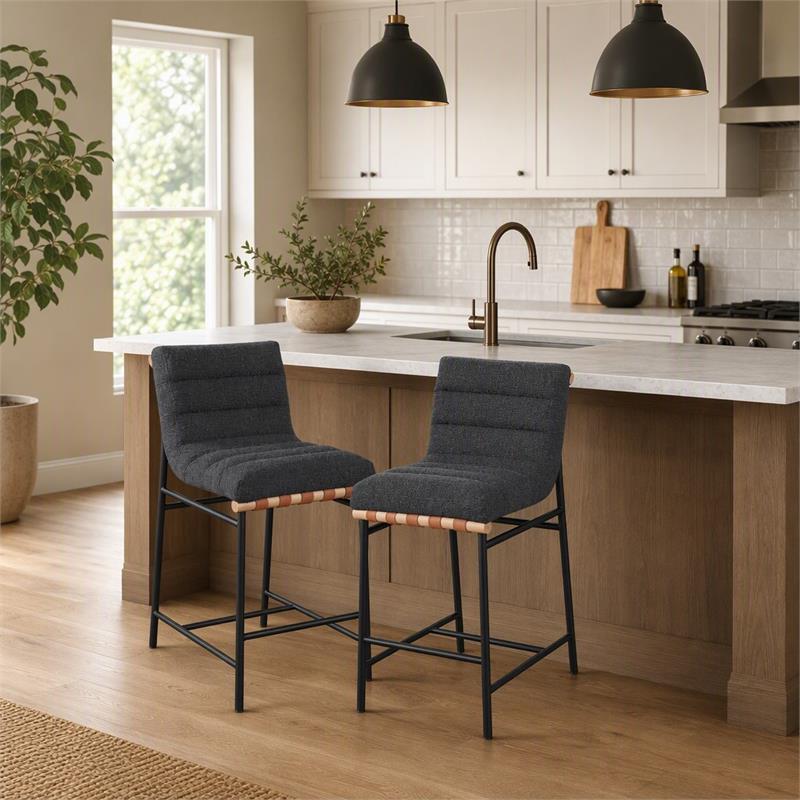 Pemberly Row Set of 2 Counter Height Chairs in Dark Gray Boucle Fabric