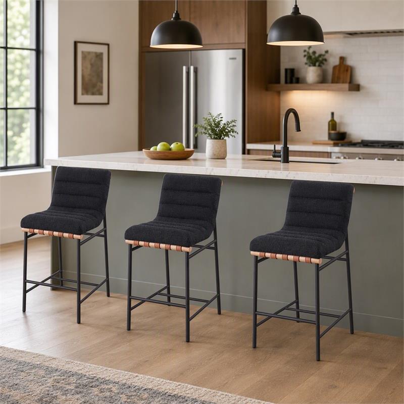 Pemberly Row Set of 3 Counter Height Chairs in Black Boucle Fabric