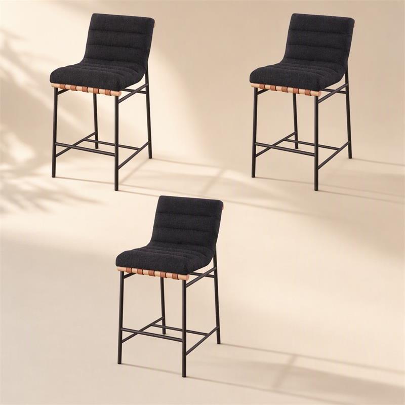Pemberly Row Set of 3 Counter Height Chairs in Black Boucle Fabric