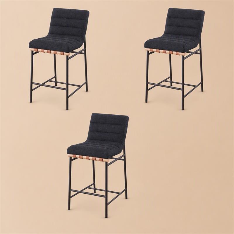 Pemberly Row Set of 3 Counter Height Chairs in Black Boucle Fabric