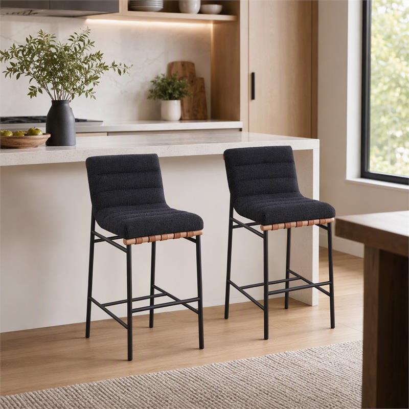 Pemberly Row Set of 2 Counter Height Chairs in Black Boucle Fabric