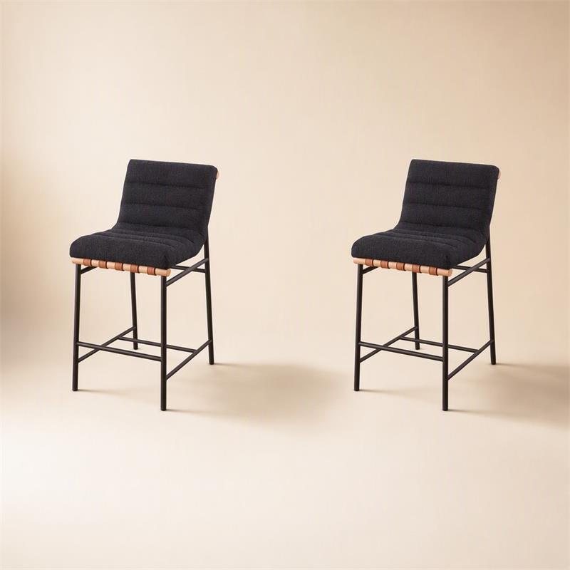 Pemberly Row Set of 2 Counter Height Chairs in Black Boucle Fabric