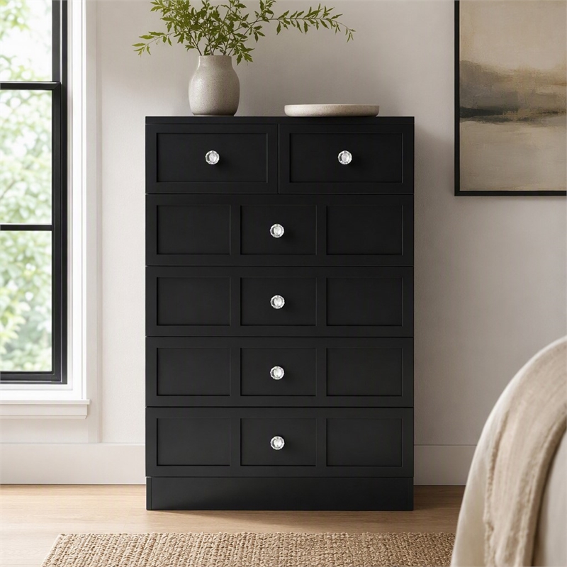 Pemberly Row 5-Drawer Dresser with Crystal Knobs Black Finish 23.6