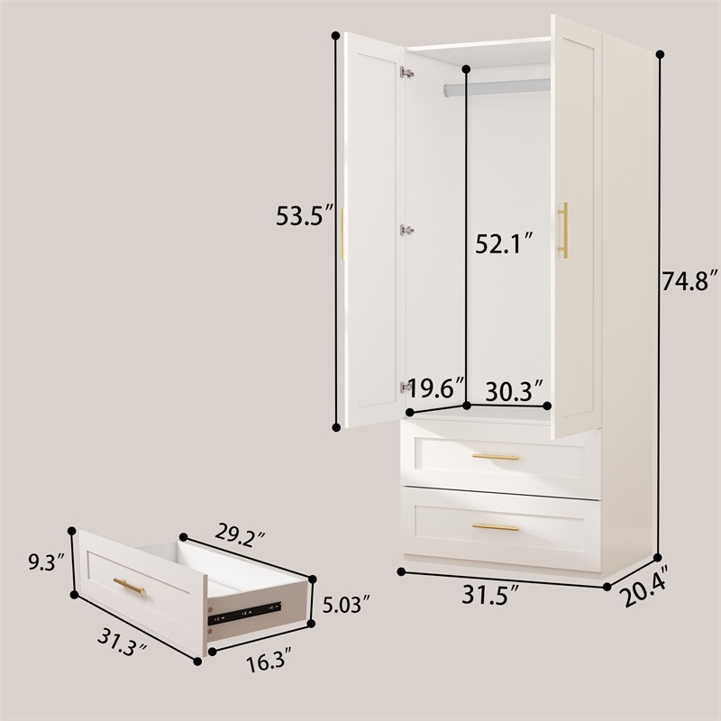 Pemberly Row Wardrobe Armoire with Hanging Rod and 2 Drawers White