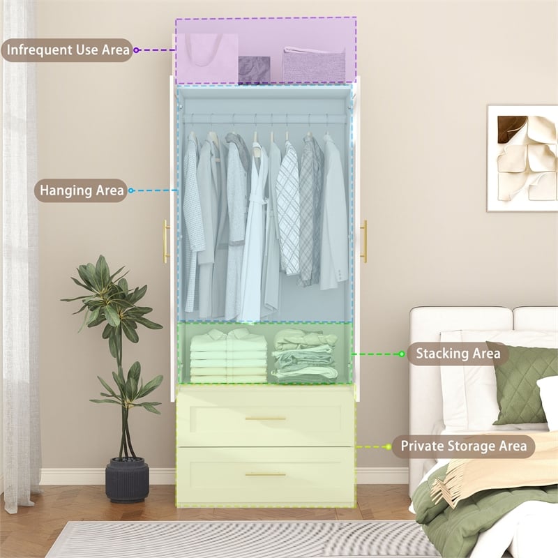 Pemberly Row Wardrobe Armoire with Hanging Rod and 2 Drawers White