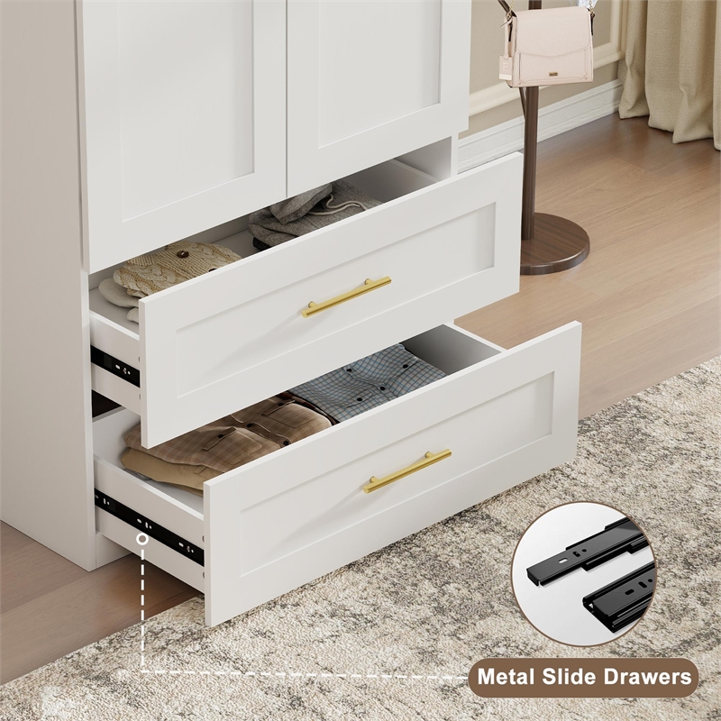 Pemberly Row Wardrobe Armoire with Hanging Rod and 2 Drawers White