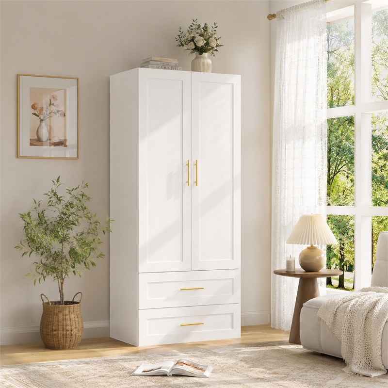 Pemberly Row Wardrobe Armoire with Hanging Rod and 2 Drawers White