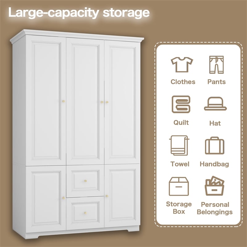 Pemberly Row Wardrobe Closet with Rods and Drawers White Finish