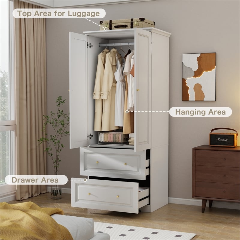 Pemberly Row Modern Armoire Closet with 2 Doors and 2 Drawers in White