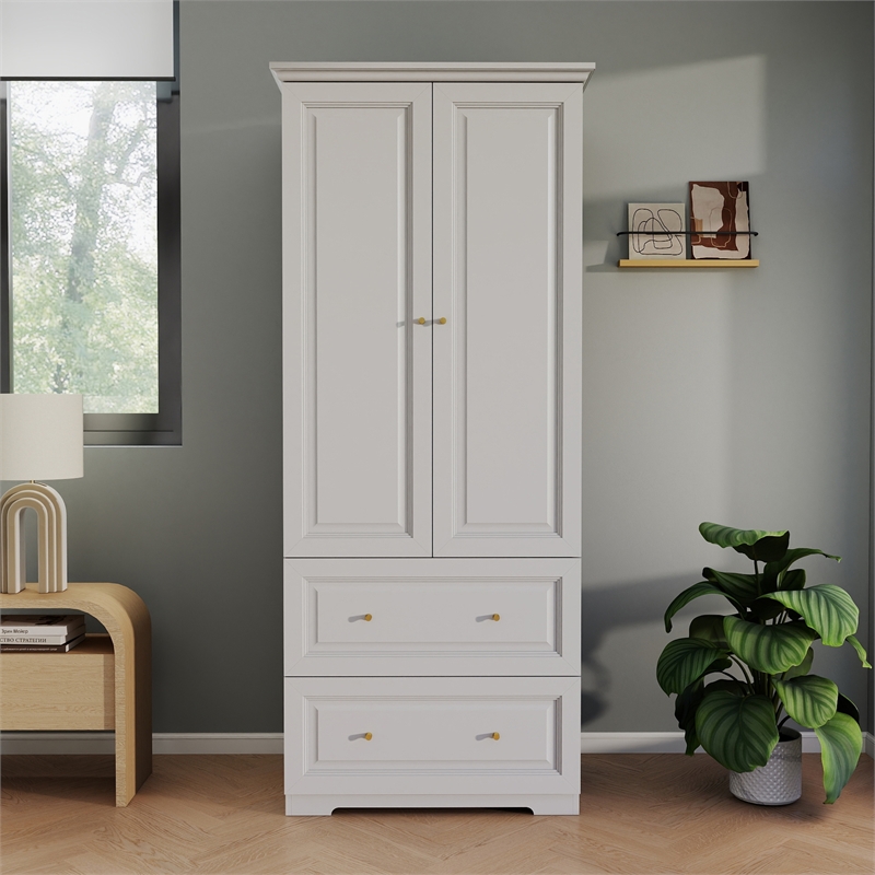 Pemberly Row Modern Armoire Closet with 2 Doors and 2 Drawers in White