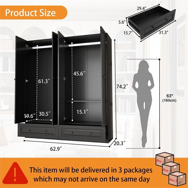 Pemberly Row Modern Large Wardrobe Armoire with 4 Doors and 2 Drawers in Black